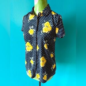 Modcloth black/white polka dot yellow rose shirt sz XS
